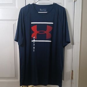 Under Armour loose heatgear Navy red white logo short sleeve Shirt Sz XL NWT